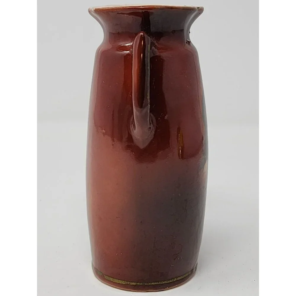 Vintage Vase With Portrait Of Lady Brown Porcelain Side Handles Ruffled Top Edge